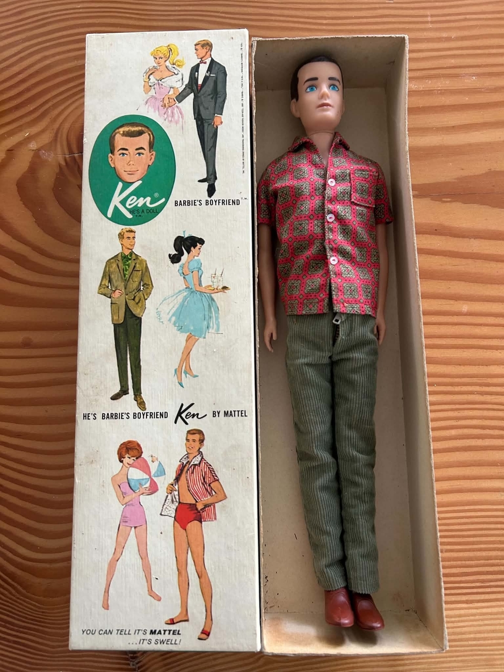 Vintage 1961 Mattel Ken Doll in Red Patterned Shirt and Green Pants